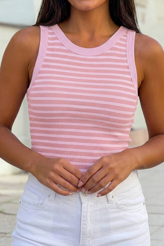 Ribbed Knit U Back Tank Top: Pink Stripe