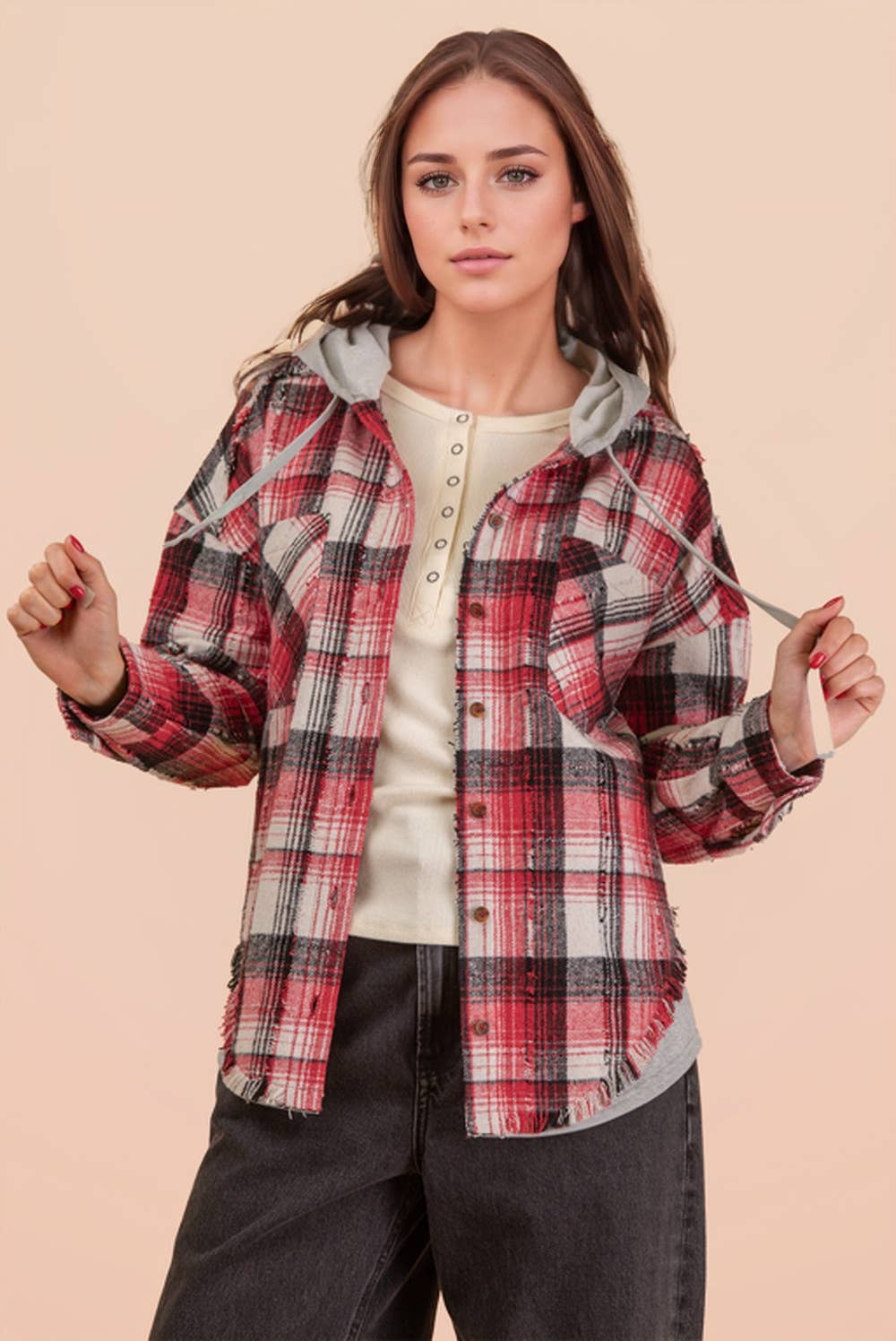 Oversized Flannel Hooded Button Down Jacket: RED MIX