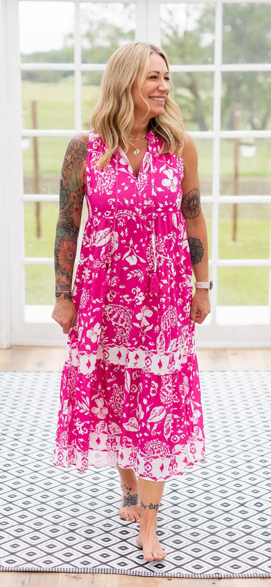 Floral V Neck Tiered Midi Dress