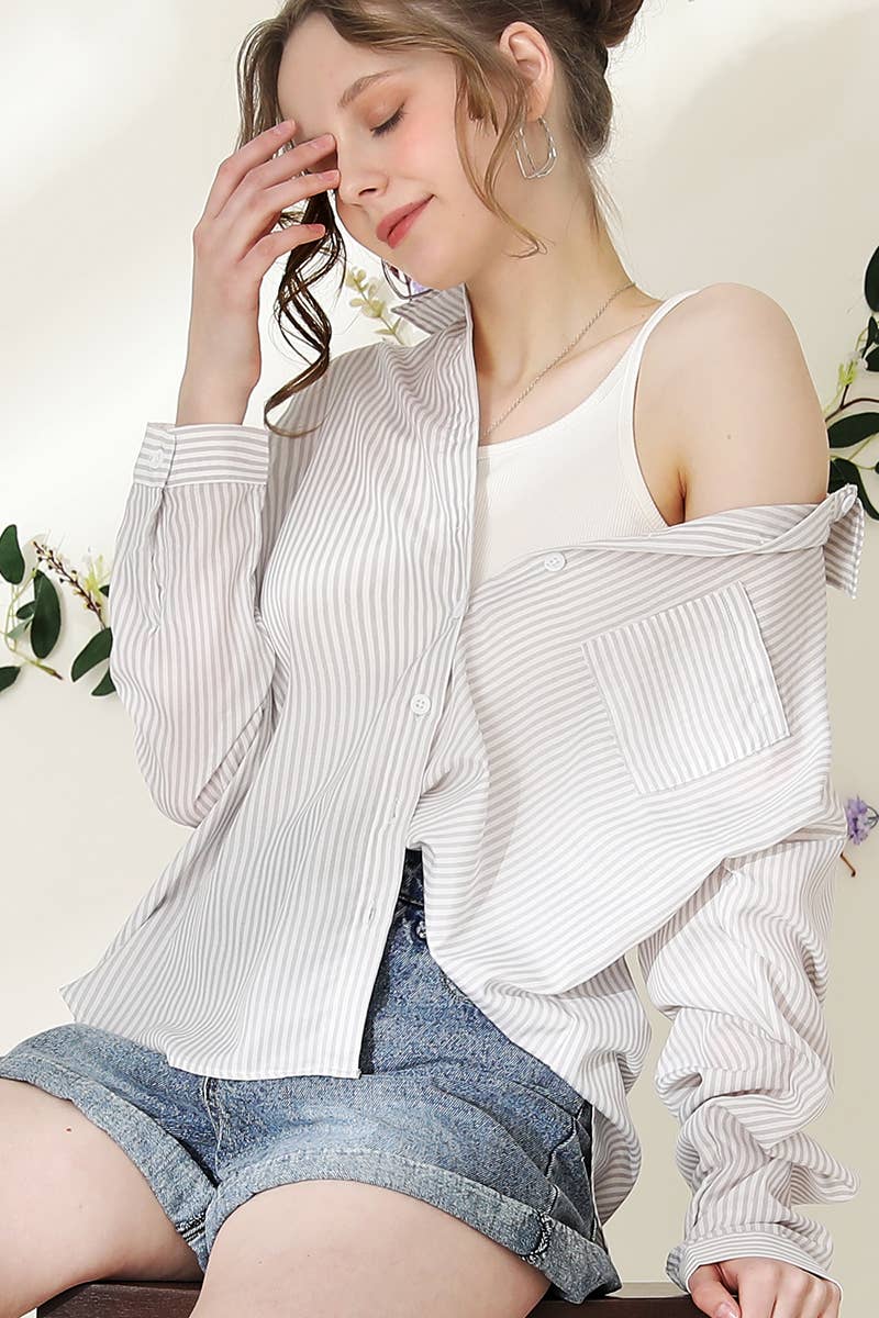 Striped Button Down Long Sleeve Shirt: GREYWHITE