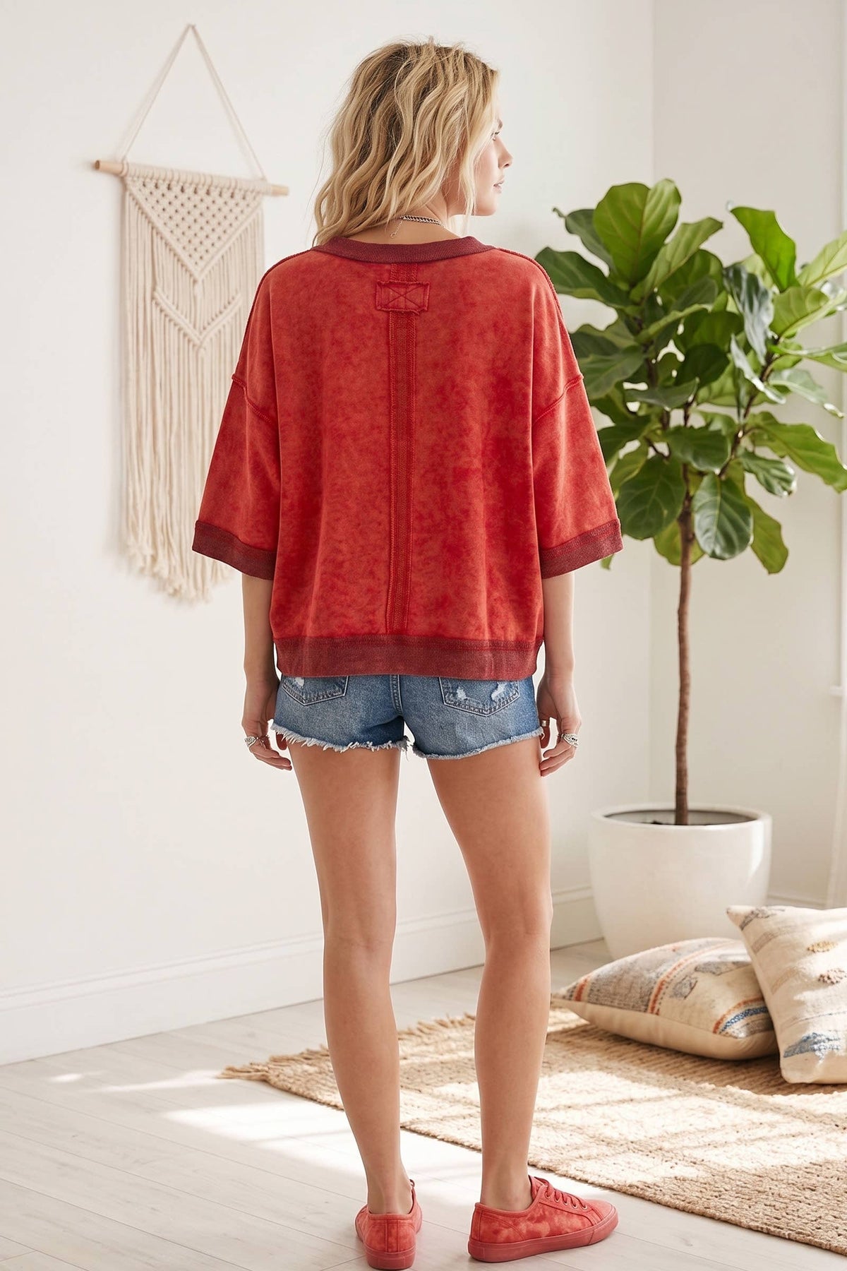 Mineral-Washed Oversized French Terry Top: Red