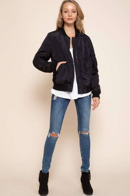 SATIN BOMBER JACKET: BLACK