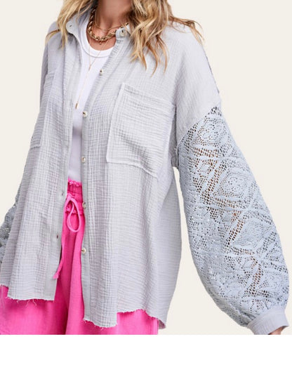 Crochet Trim Gauze Button Down