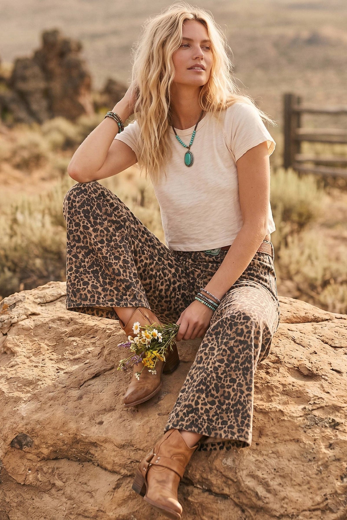 Stretch Twill Leopard Wide Leg Pants: BROWN