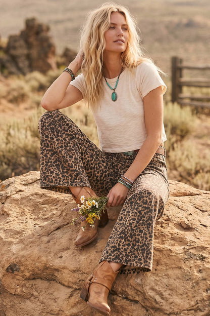 Stretch Twill Leopard Wide Leg Pants: BROWN