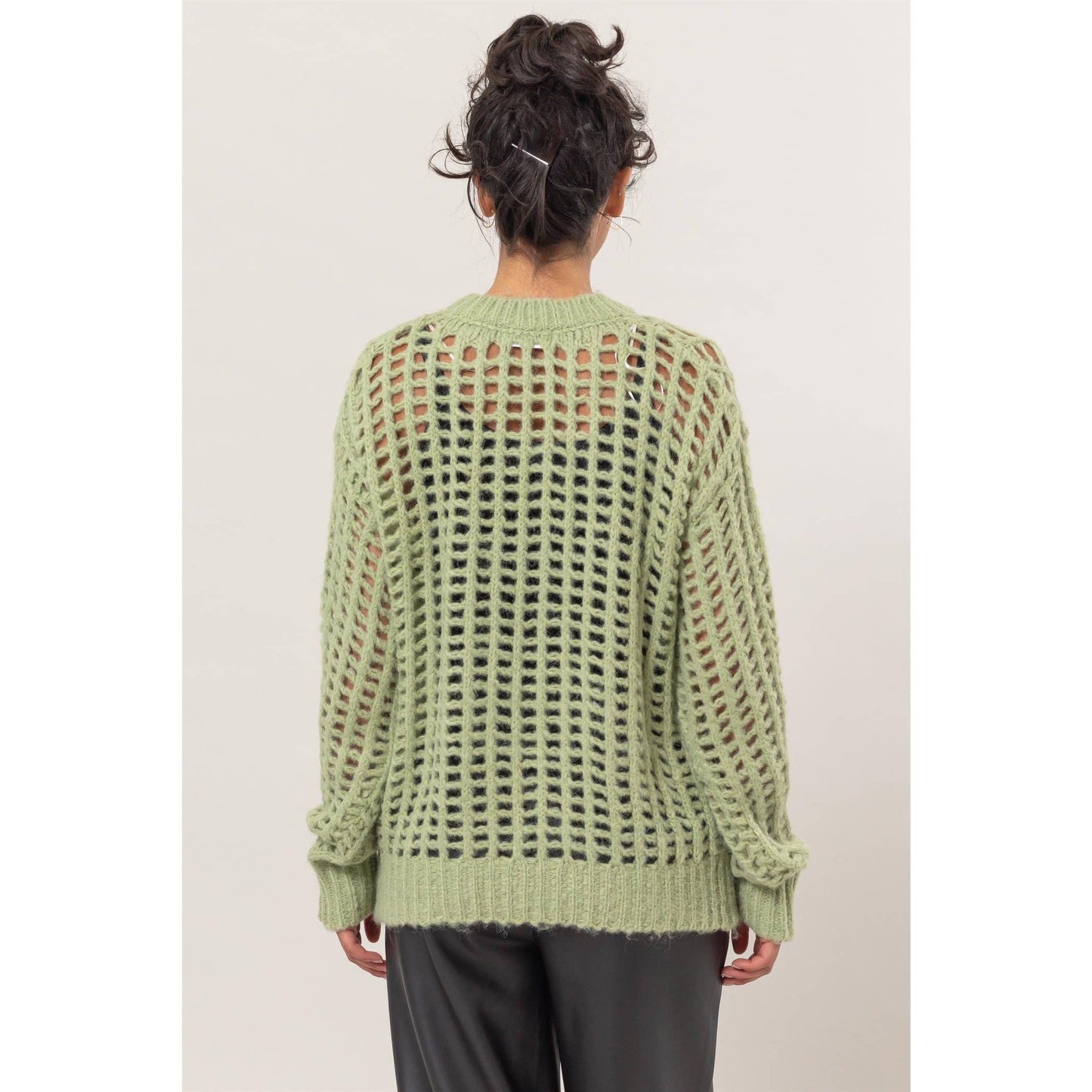 Open Stitch Long Sleeve Sweater: PASTEL GREEN