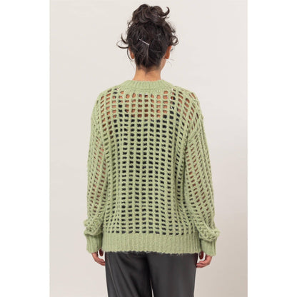 Open Stitch Long Sleeve Sweater: PASTEL GREEN