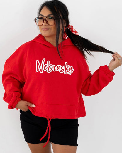 Nebraska Script Cropped Red Hoodie