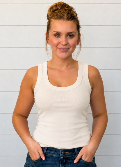 Ribbed Scoop Neck Tank Top: SANDBEIGE