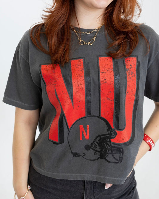 NU Football Dk Grey SS Long Cropped Tee