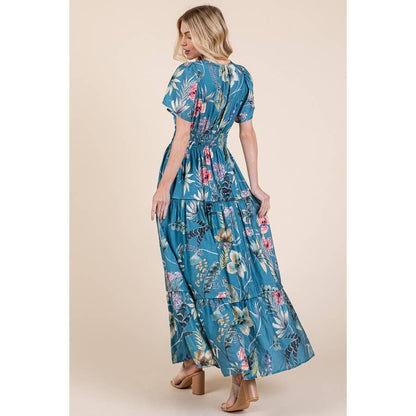 Floral Print Split Neck Tiered Maxi Dress: BLUE COMBO