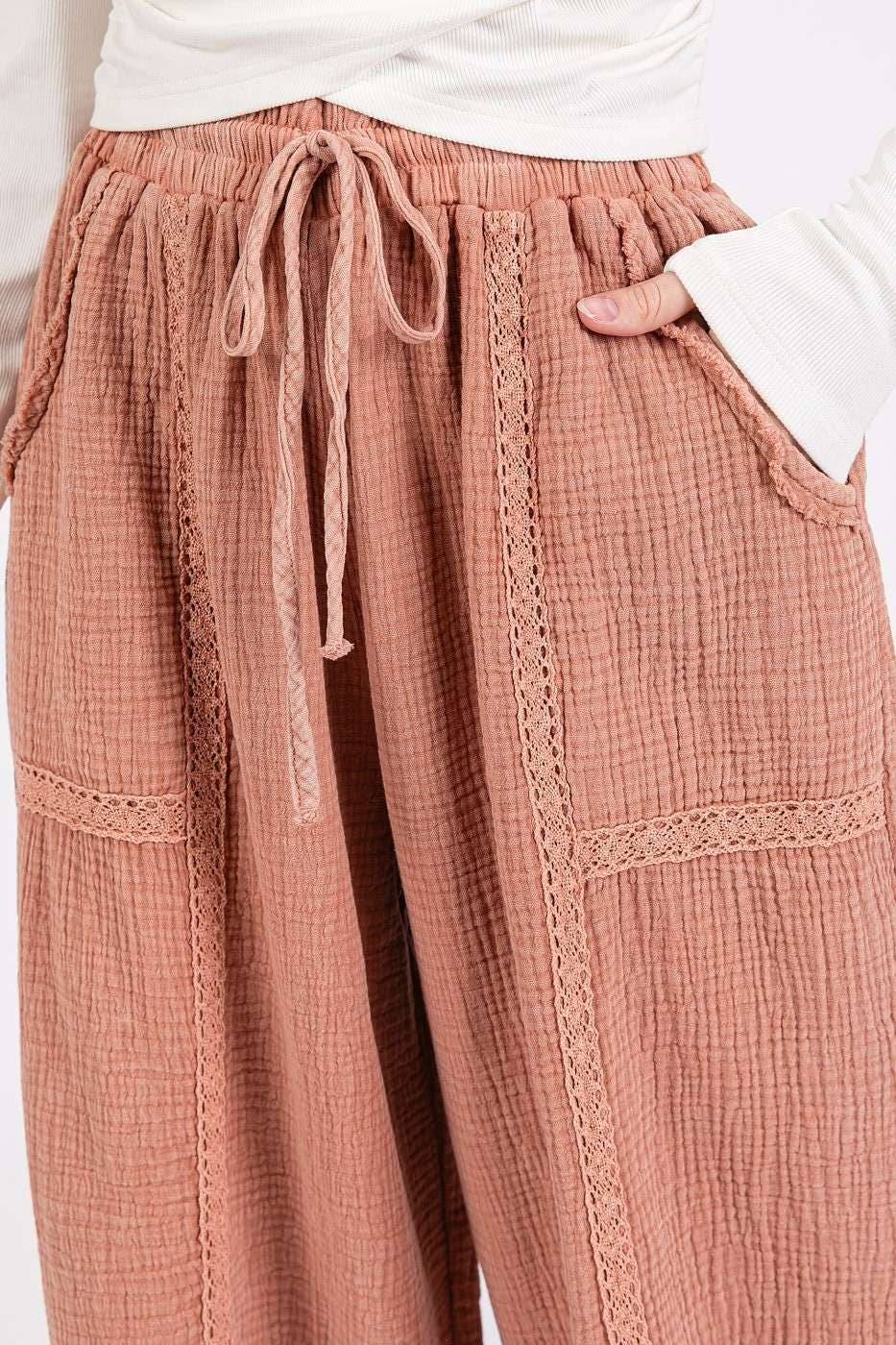 Lace Detail Elastic Waist Gauze Pants