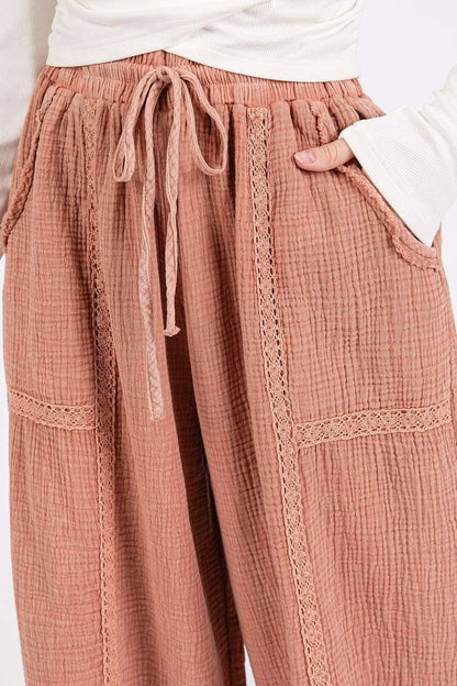 Lace Detail Elastic Waist Gauze Pants