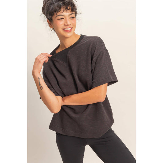 Crew Neck Short Sleeve Top: BLACK