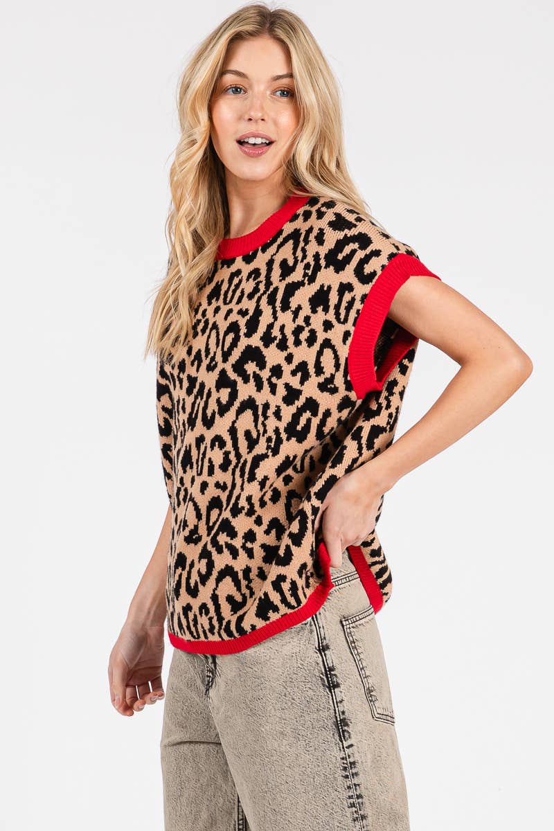 LEOPARD PRINT SLEEVELESS KNIT SWEATER VEST