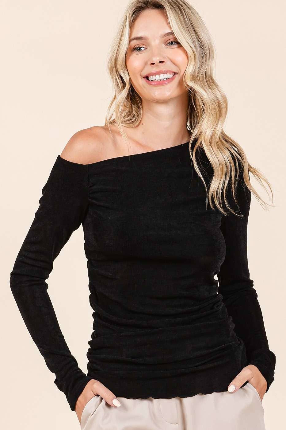 Rib Knit One Shoulder Long Sleeve Top