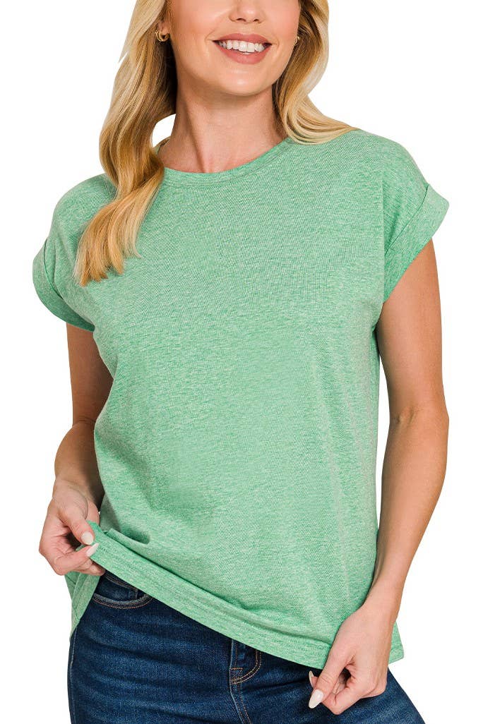 Round Neck Folded Short Sleeve Tee: H. Green