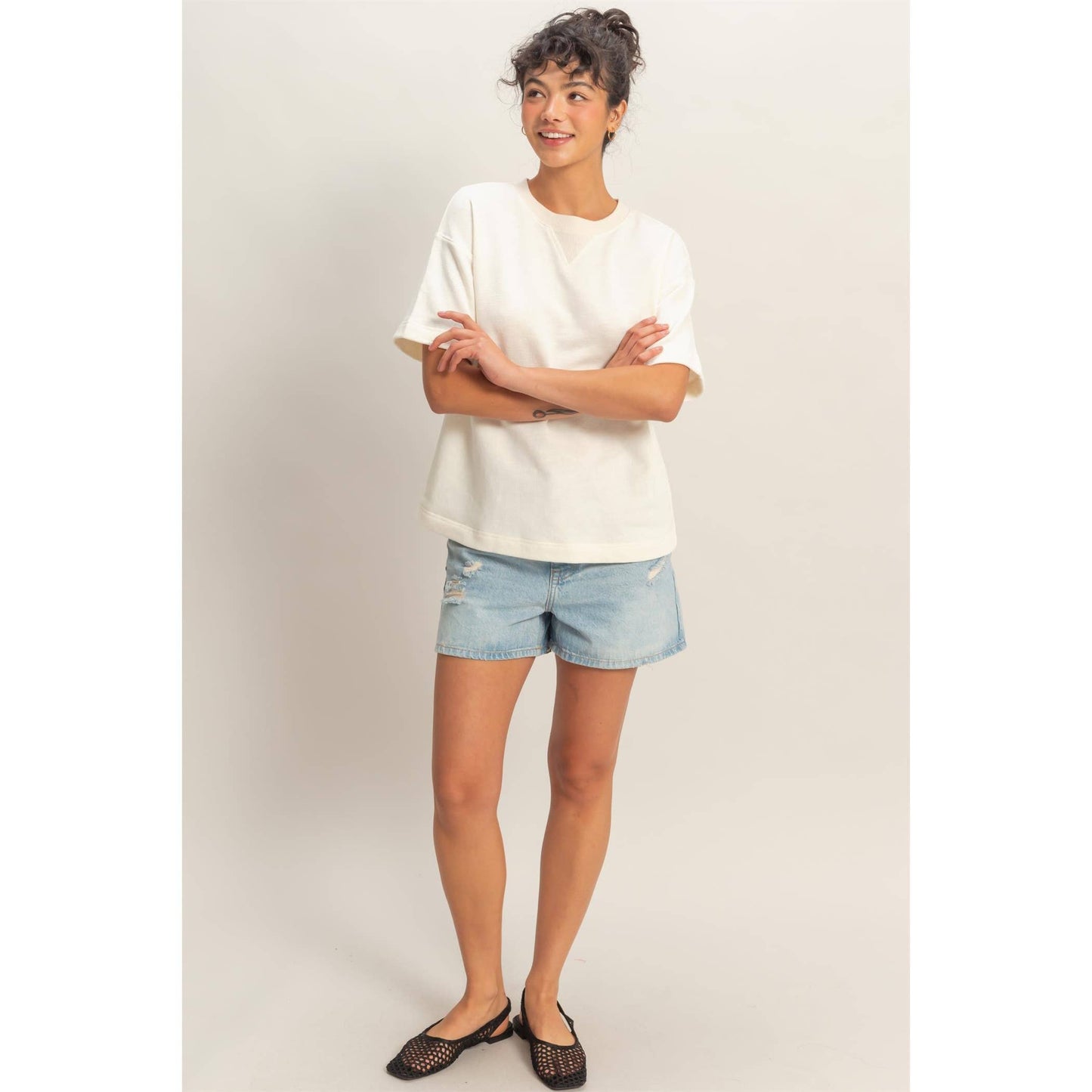 Crew Neck Short Sleeve Top: WHIP CREAM