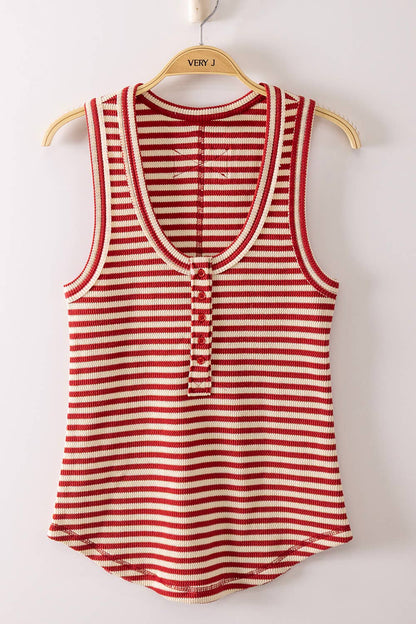 Striped Button Down Fitted Knit Tank Top: RED STRIPE
