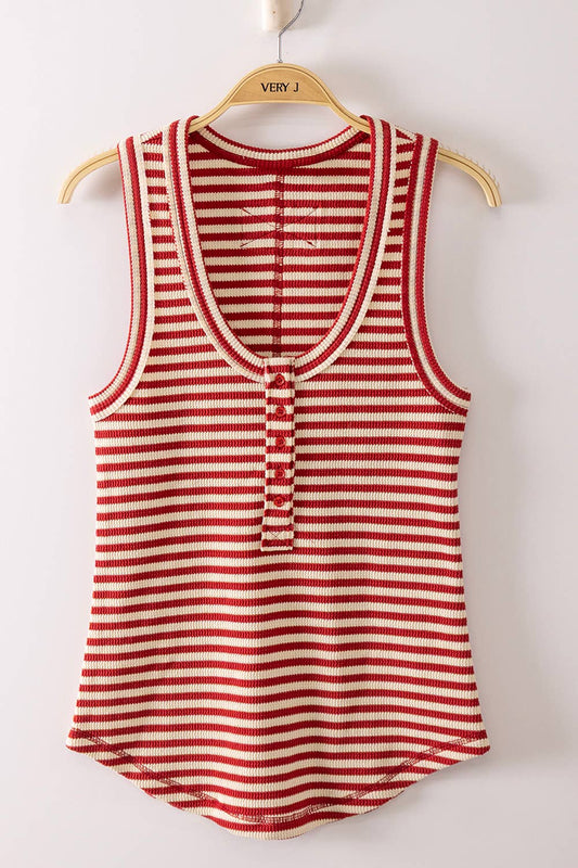 Striped Button Down Fitted Knit Tank Top: RED STRIPE