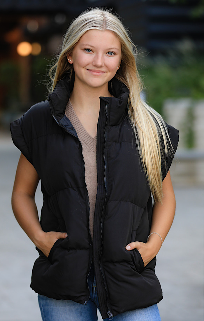Black Puffer Vest With Dropped Sleeve