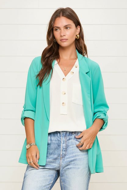 Open Front Boyfriend Blazer: Aqua