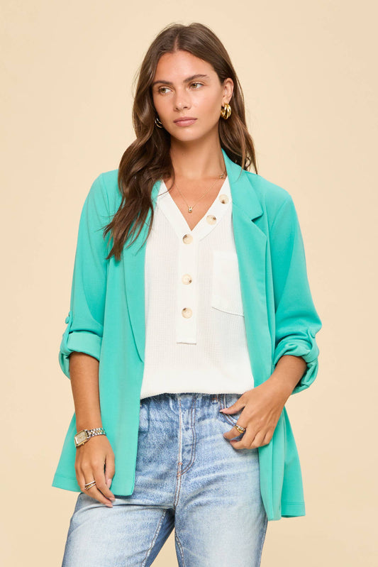 Open Front Boyfriend Blazer: Aqua