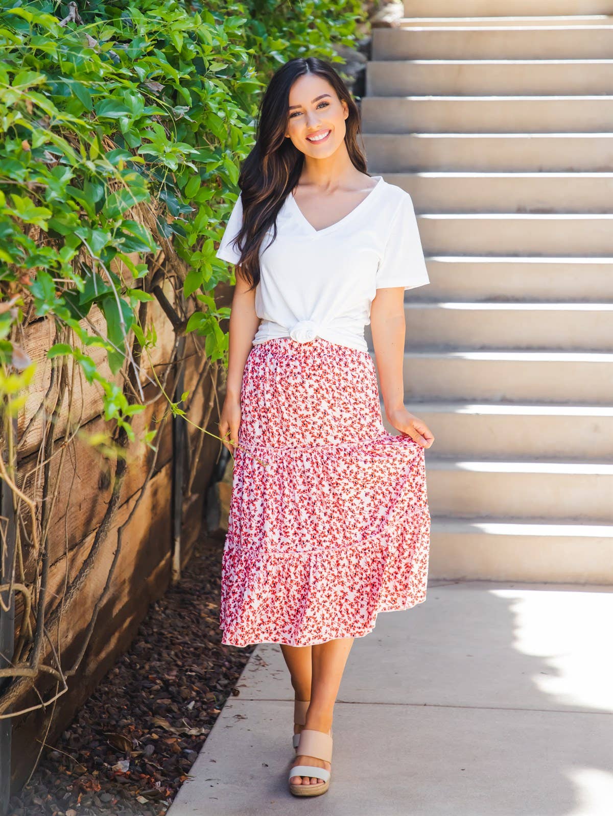Amara Red Floral Tiered Midi Skirt