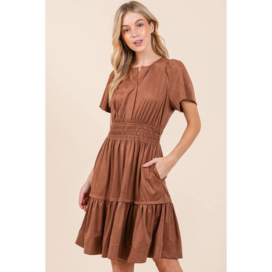 Smocked Waist Short Sleeve Dress: Mocha