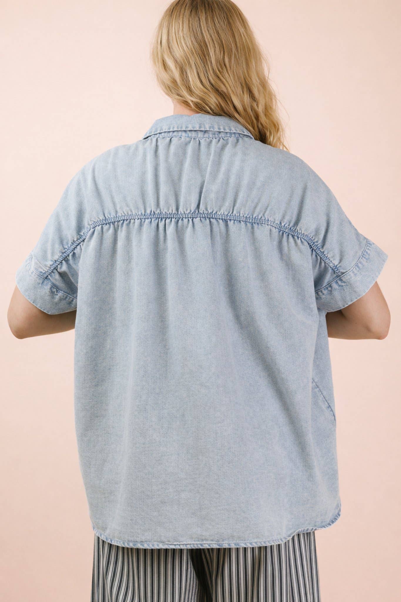 Mineral Washed Chambray Oversized Shirt: LT INDIGO