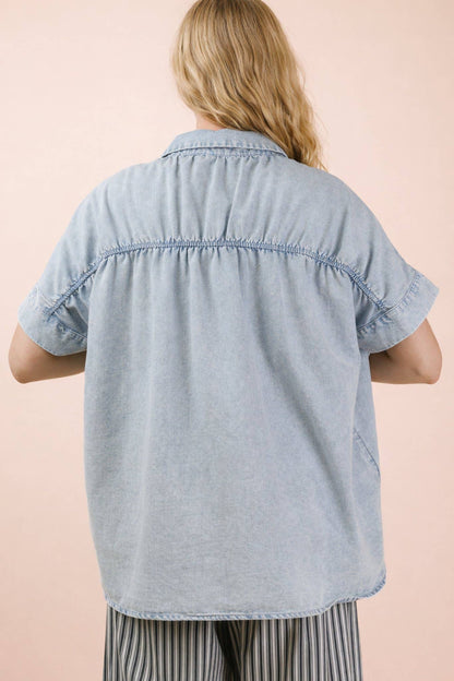 Mineral Washed Chambray Oversized Shirt: LT INDIGO