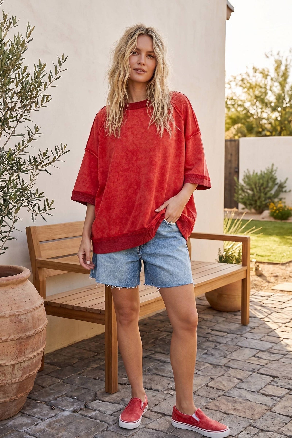 Mineral-Washed Oversized French Terry Top: Red