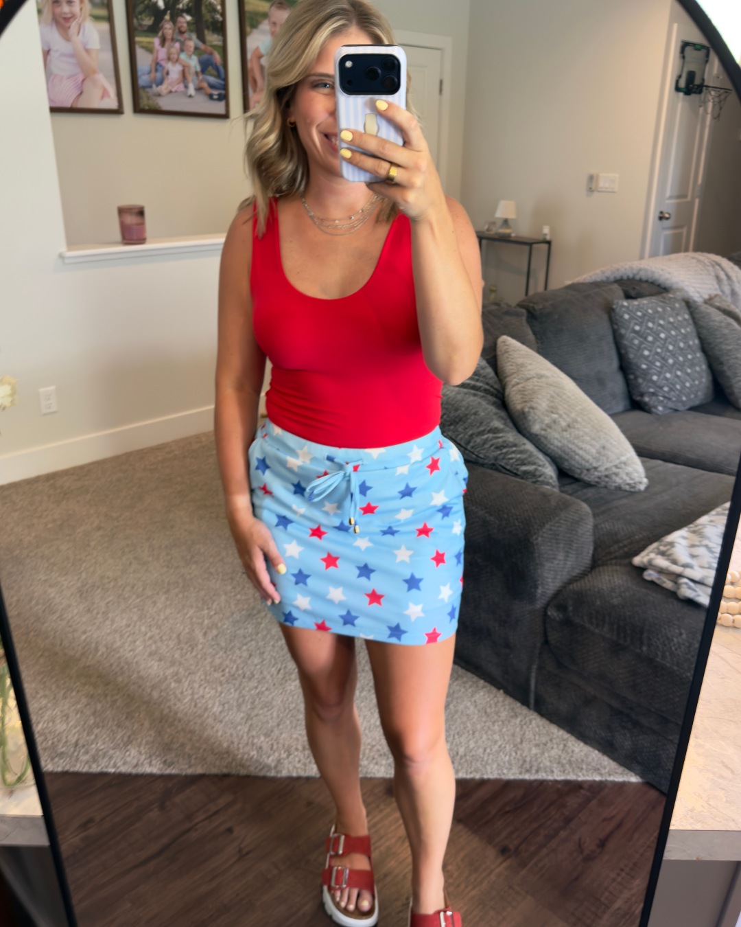 Patriotic Star Printed Drawstring Skort: Blue