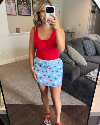 Patriotic Star Printed Drawstring Skort: Blue