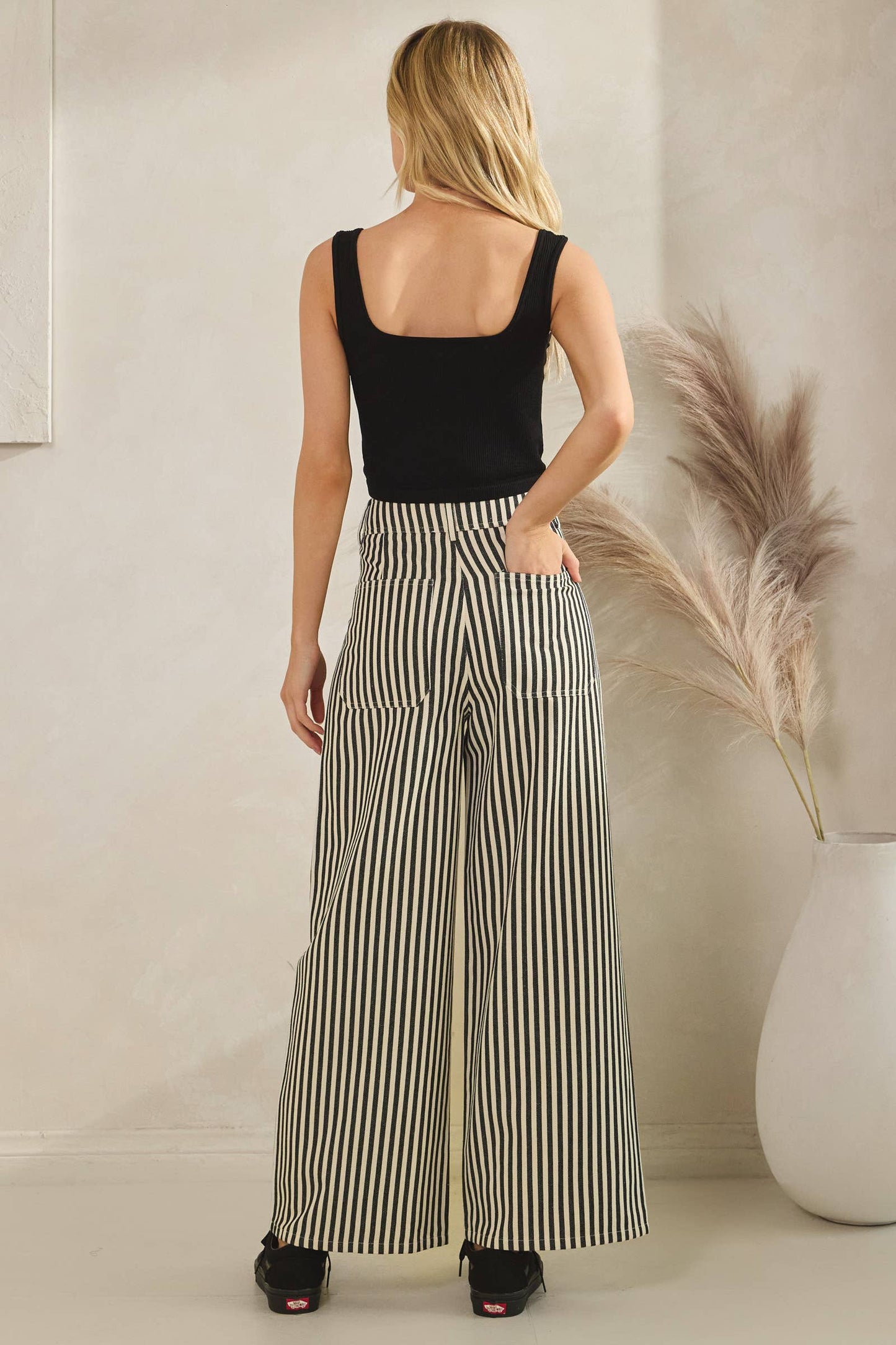 Lightweight Twill Stripe Wide Leg Pants (black)