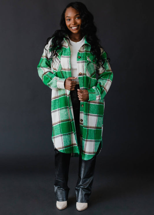 Green, White & Tan Plaid Long Flannel