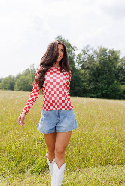 Red Checkerboard Mesh Top