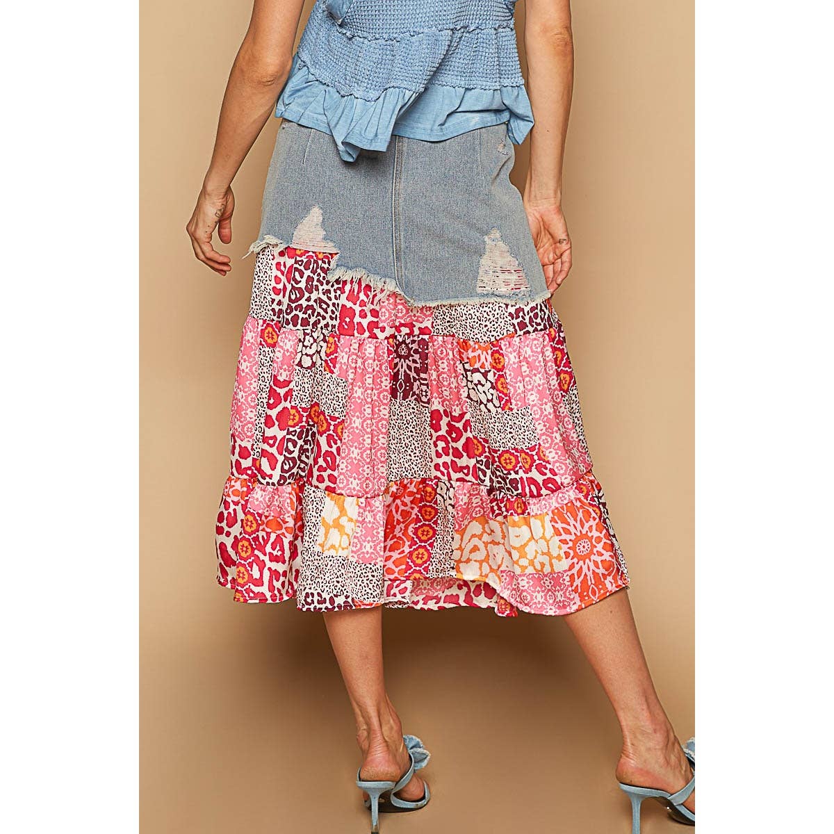 Printed Denim Floral Skirt