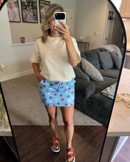 Patriotic Star Printed Drawstring Skort: Blue