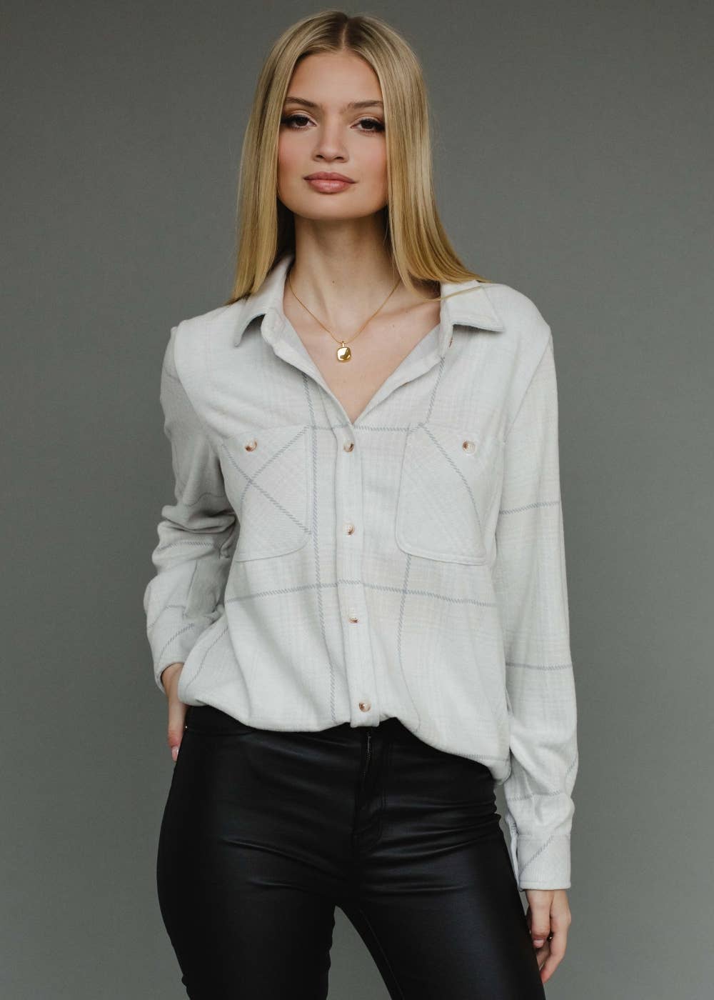 Lt. Tan & Gray Plaid Button Up