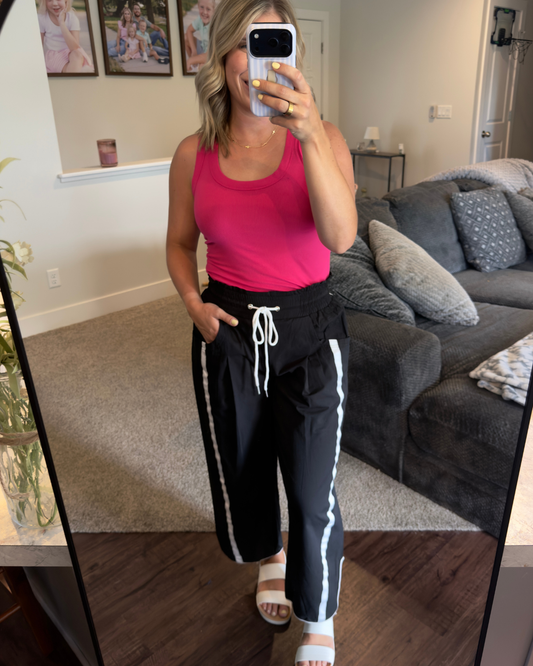 Striped Elastic Waist Drawstring Cropped Pants: Black