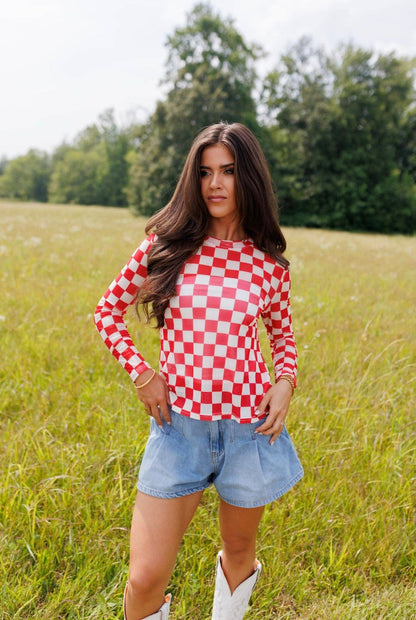 Red Checkerboard Mesh Top