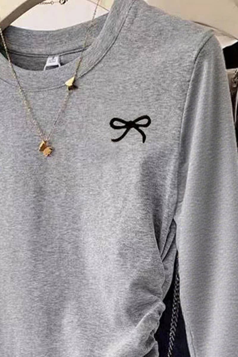 GREY LONG-SLEEVED ROUCHED BOW TOP