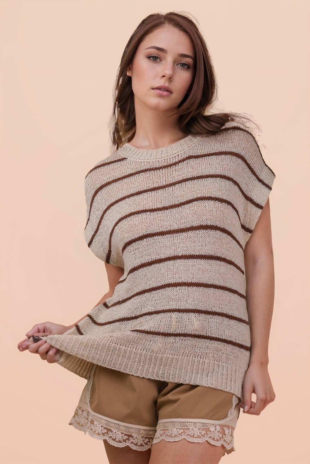 Striped Knit Sweater Vest Top: NATURAL