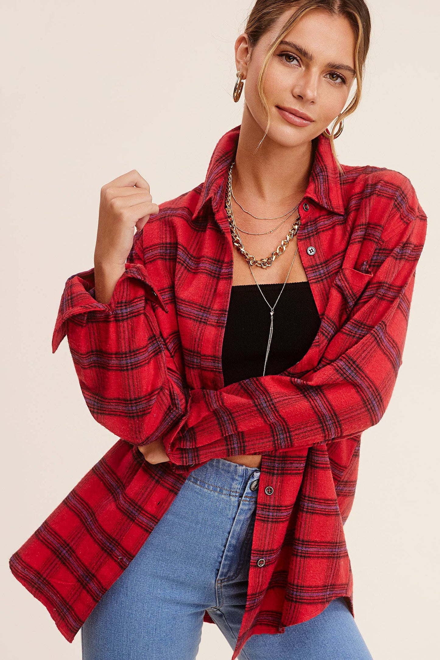 Loose Fit Soft Fabric Plaid Shirt (Red)