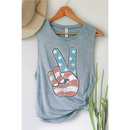 PEACE USA FLAG GRAPHIC TANK: LT BLUE