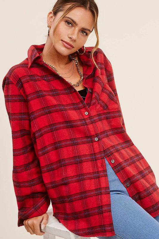 Loose Fit Soft Fabric Plaid Shirt (Red)