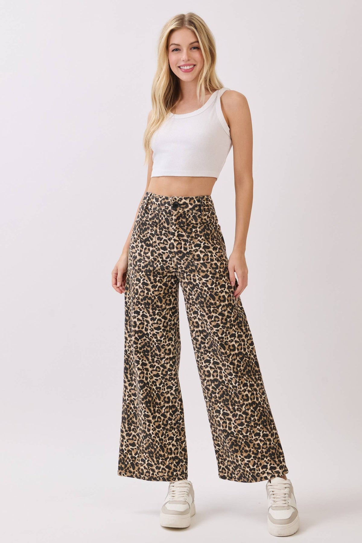 Stretch Twill Leopard Wide Leg Pants: BROWN