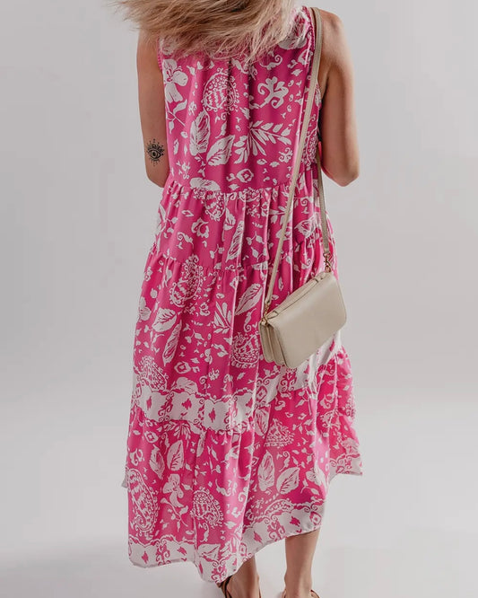 Floral V Neck Tiered Midi Dress