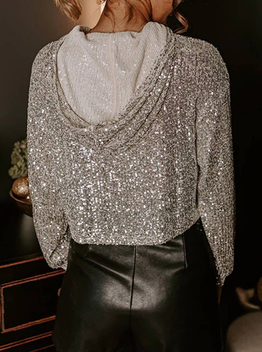 Sequin Hooded Long Sleeve Top: Beige